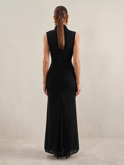 Petite Sheer Ruched Maxi Dress in Black Women | Reiss