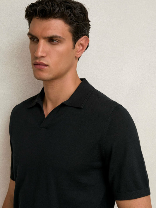 Merino Wool Open Collar Polo Shirt in Black Men | Reiss