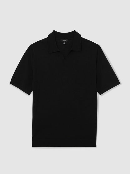 Merino Wool Open Collar Polo Shirt in Black Men | Reiss