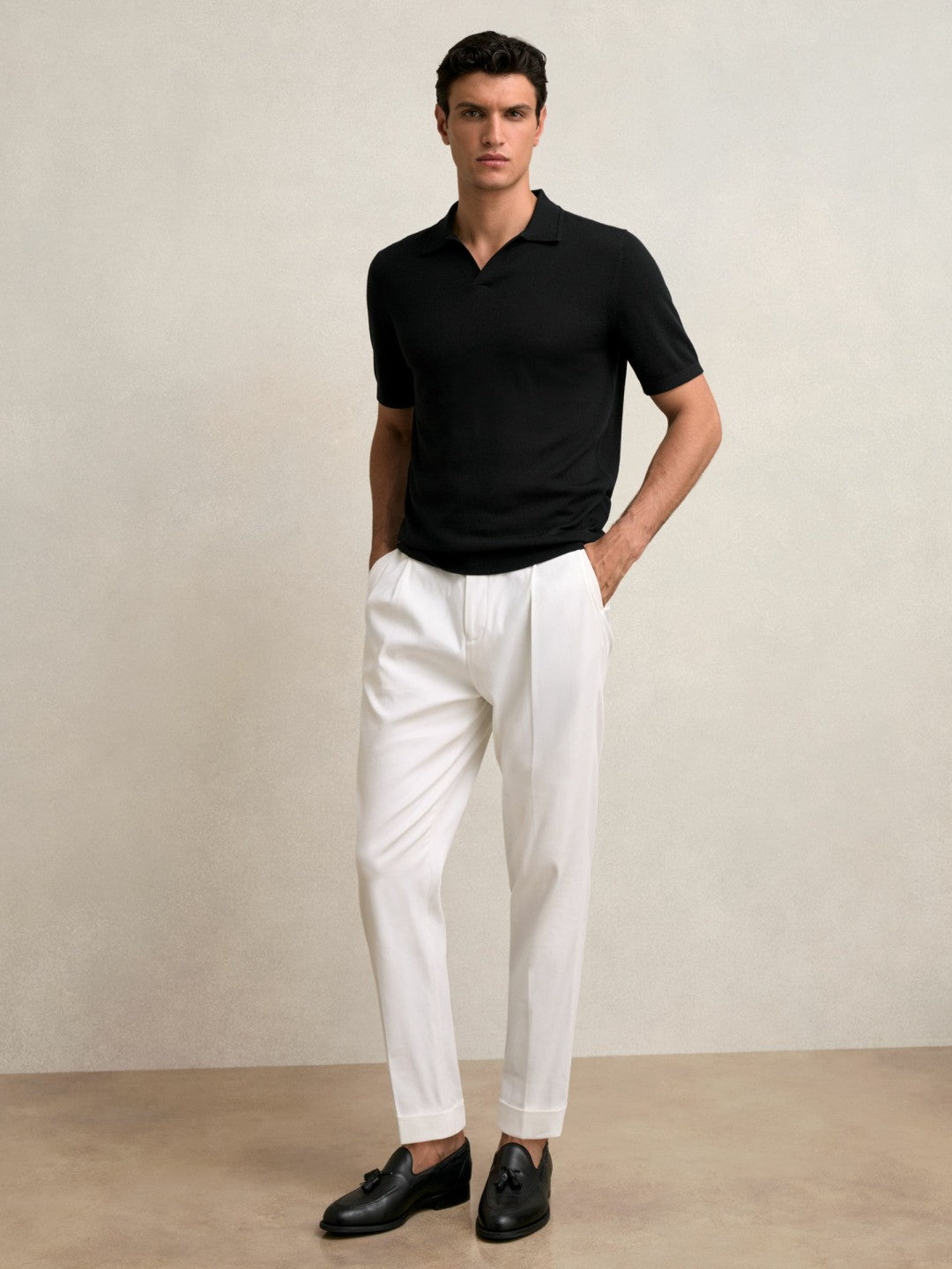 Merino Wool Open Collar Polo Shirt in Black Men | Reiss