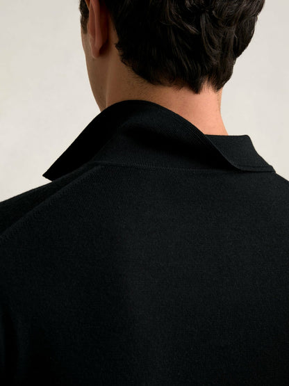 Merino Wool Open Collar Polo Shirt in Black Men | Reiss