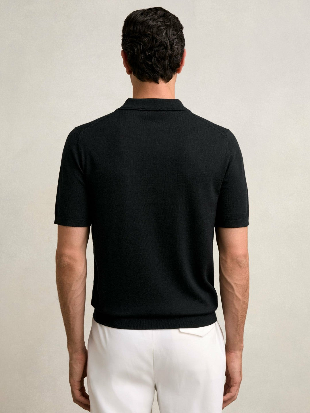Merino Wool Open Collar Polo Shirt in Black Men | Reiss