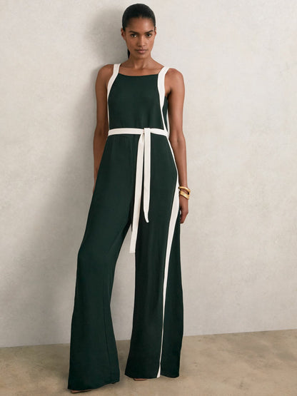 Petite Colourblock Wide Leg Belted Jumpsuit in Dark Green/Cream Women | Reiss
