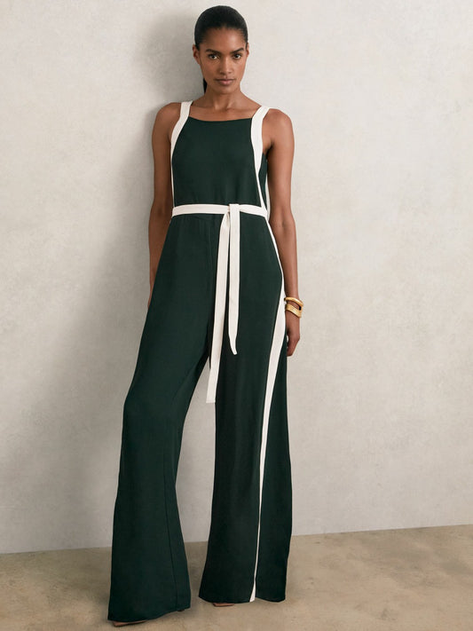 Petite Colourblock Wide Leg Belted Jumpsuit in Dark Green/Cream Women | Reiss