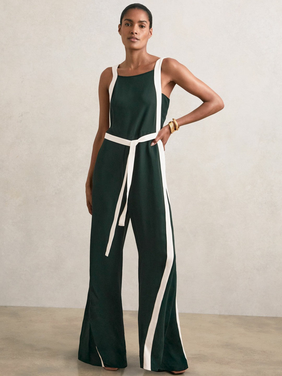 Petite Colourblock Wide Leg Belted Jumpsuit in Dark Green/Cream Women | Reiss