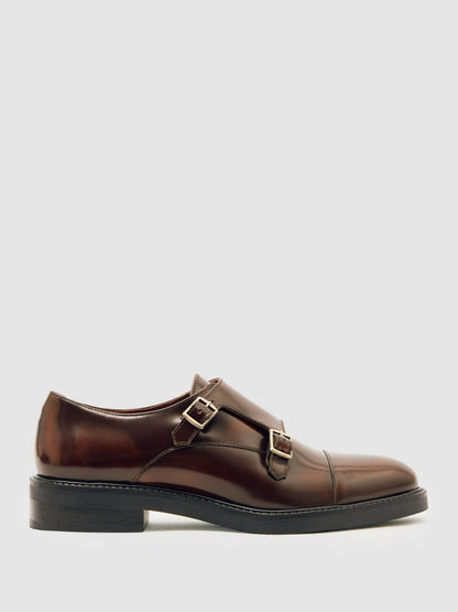 Leather Double-Strap Monk Shoes in Tan Women | Reiss