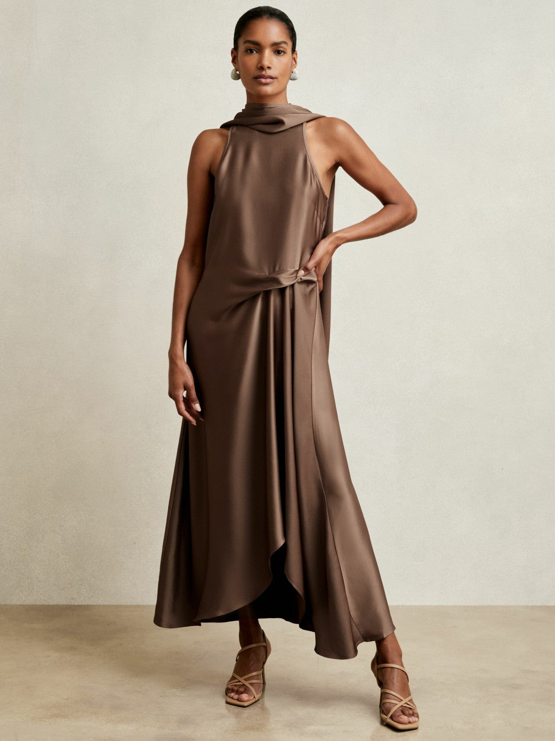 Satin Tuck-Detail Cape Midi Dress in Taupe Brown Women | Reiss