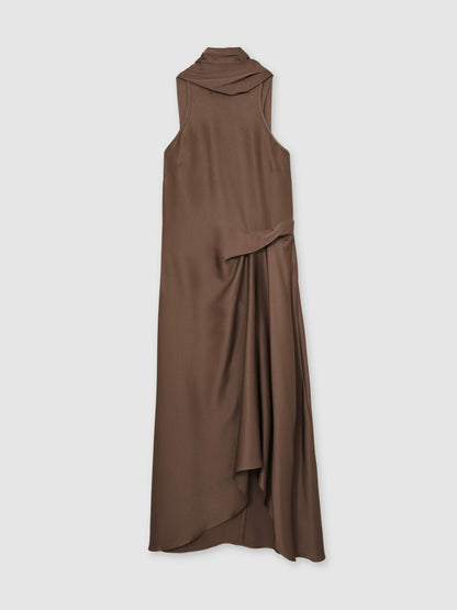 Satin Tuck-Detail Cape Midi Dress in Taupe Brown Women | Reiss