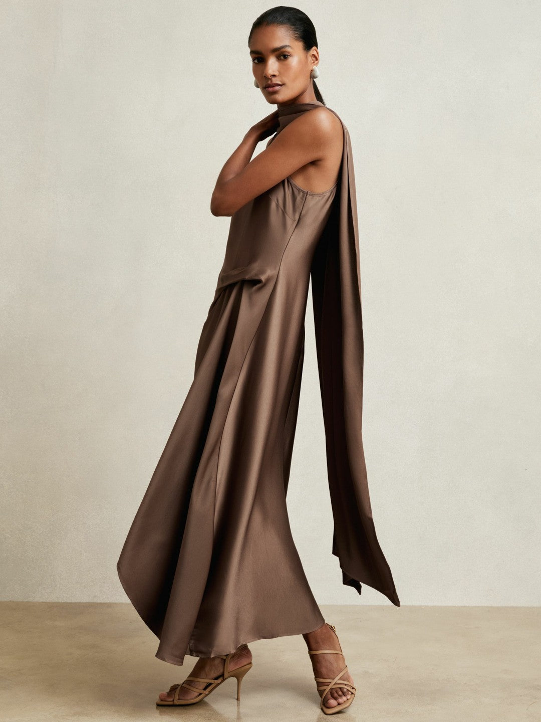 Satin Tuck-Detail Cape Midi Dress in Taupe Brown Women | Reiss
