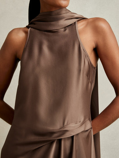 Satin Tuck-Detail Cape Midi Dress in Taupe Brown Women | Reiss