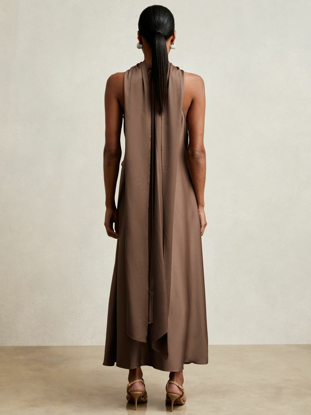 Satin Tuck-Detail Cape Midi Dress in Taupe Brown Women | Reiss