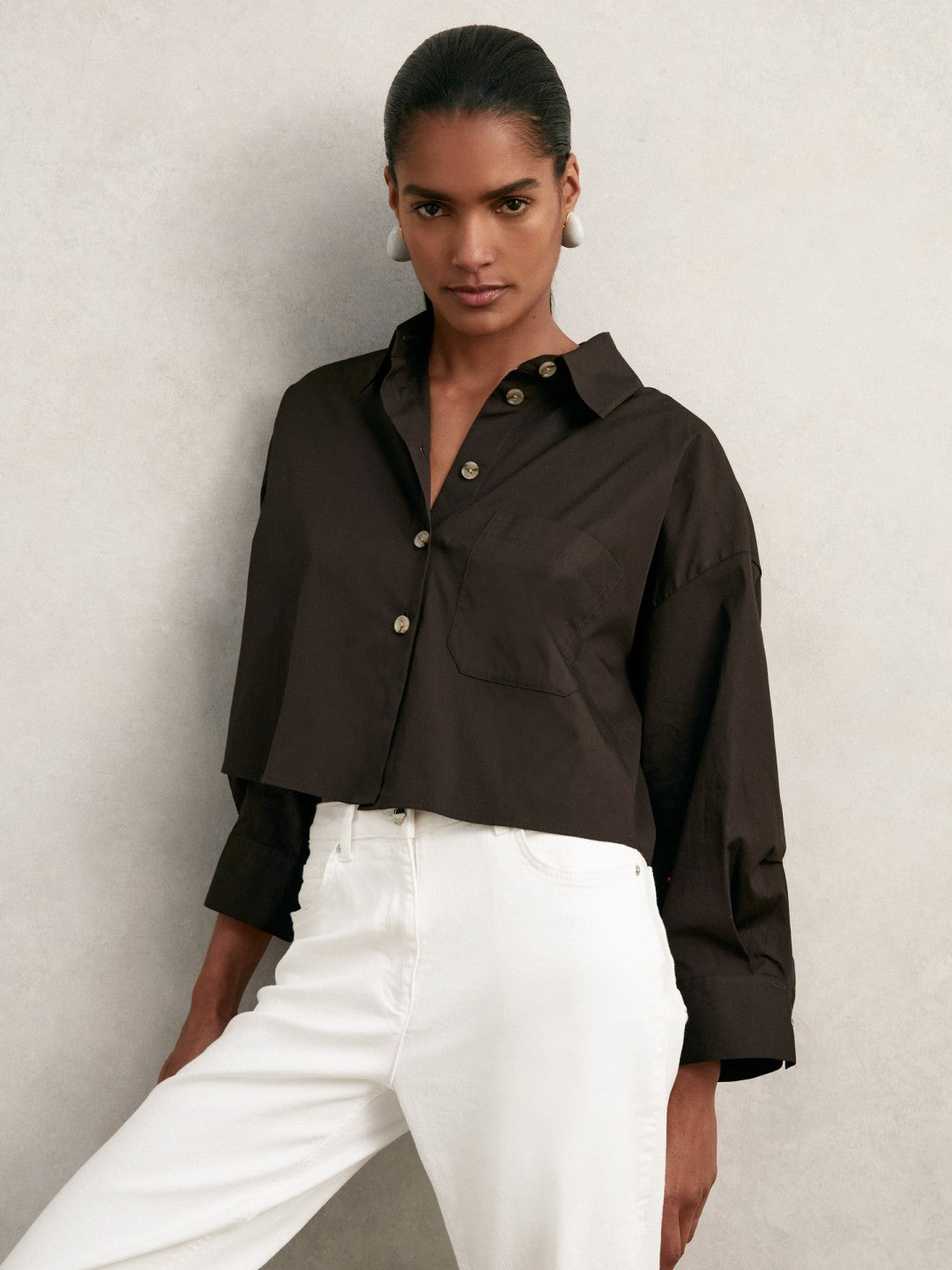 Oversize Cotton Cropped Shirt in Chocolate Brown Women | Reiss