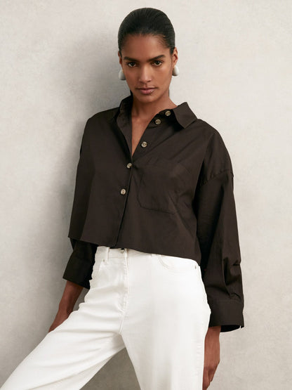Oversize Cotton Cropped Shirt in Chocolate Brown Women | Reiss