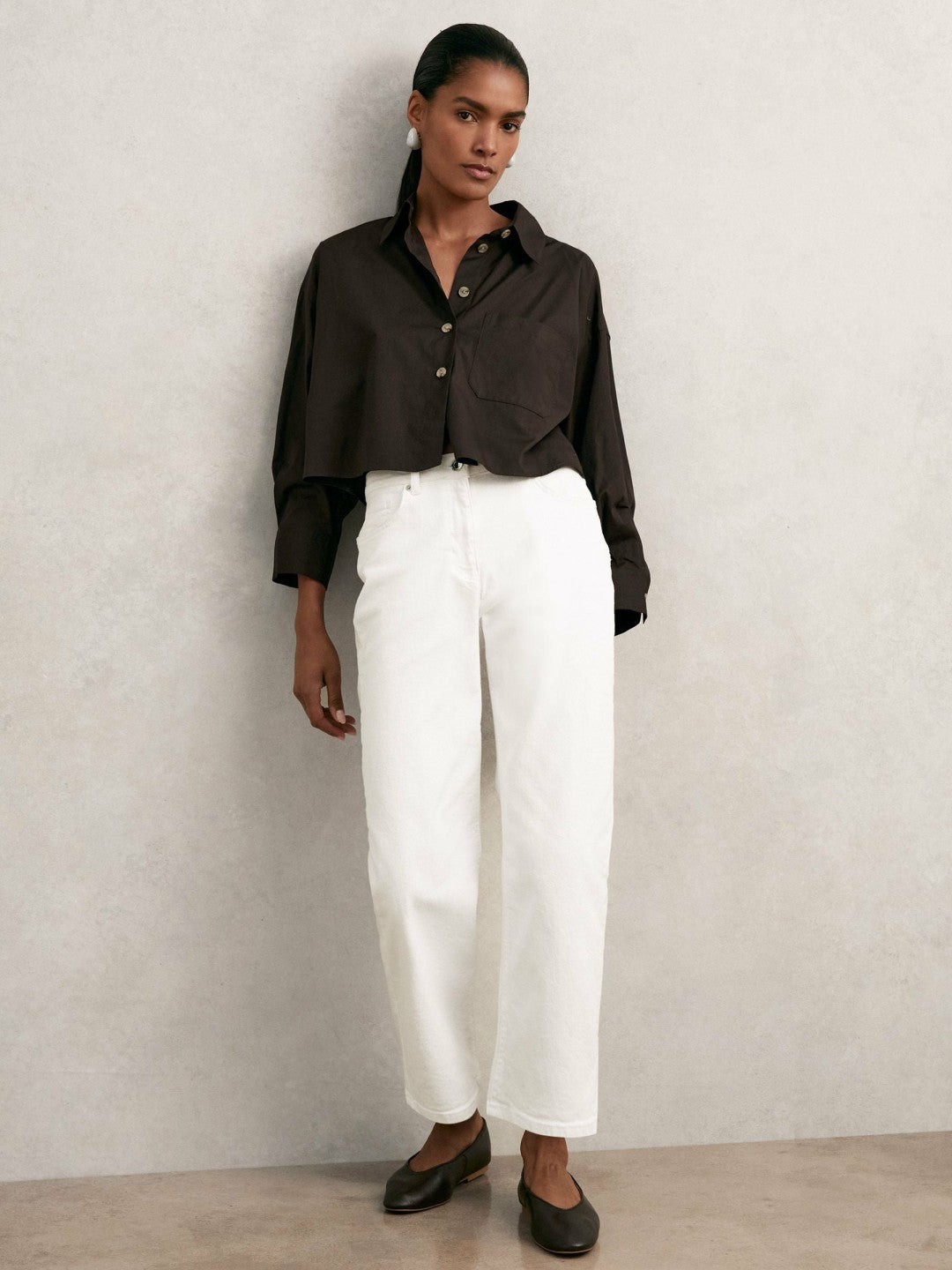 Oversize Cotton Cropped Shirt in Chocolate Brown Women | Reiss