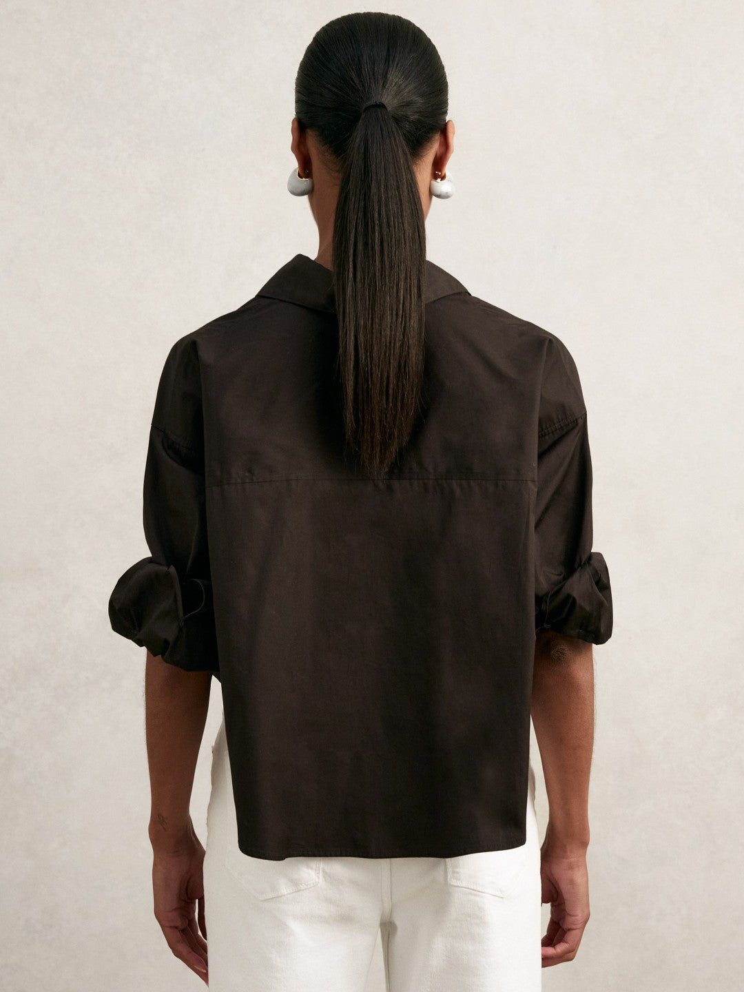 Oversize Cotton Cropped Shirt in Chocolate Brown Women | Reiss