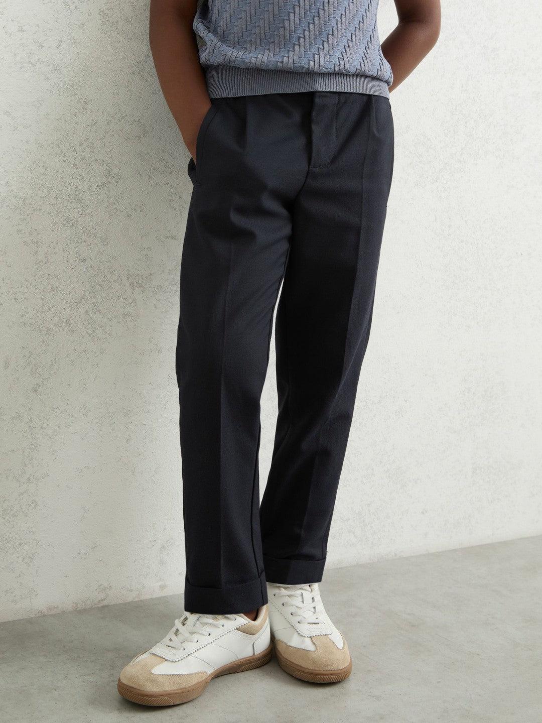 9-13 yrs Relaxed-Fit Pleated Tapered Trousers in Navy Children & Baby | Reiss