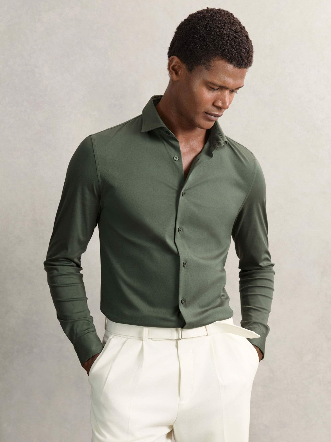 Cotton-Jersey Button-Through Shirt in Kale Green Men | Reiss