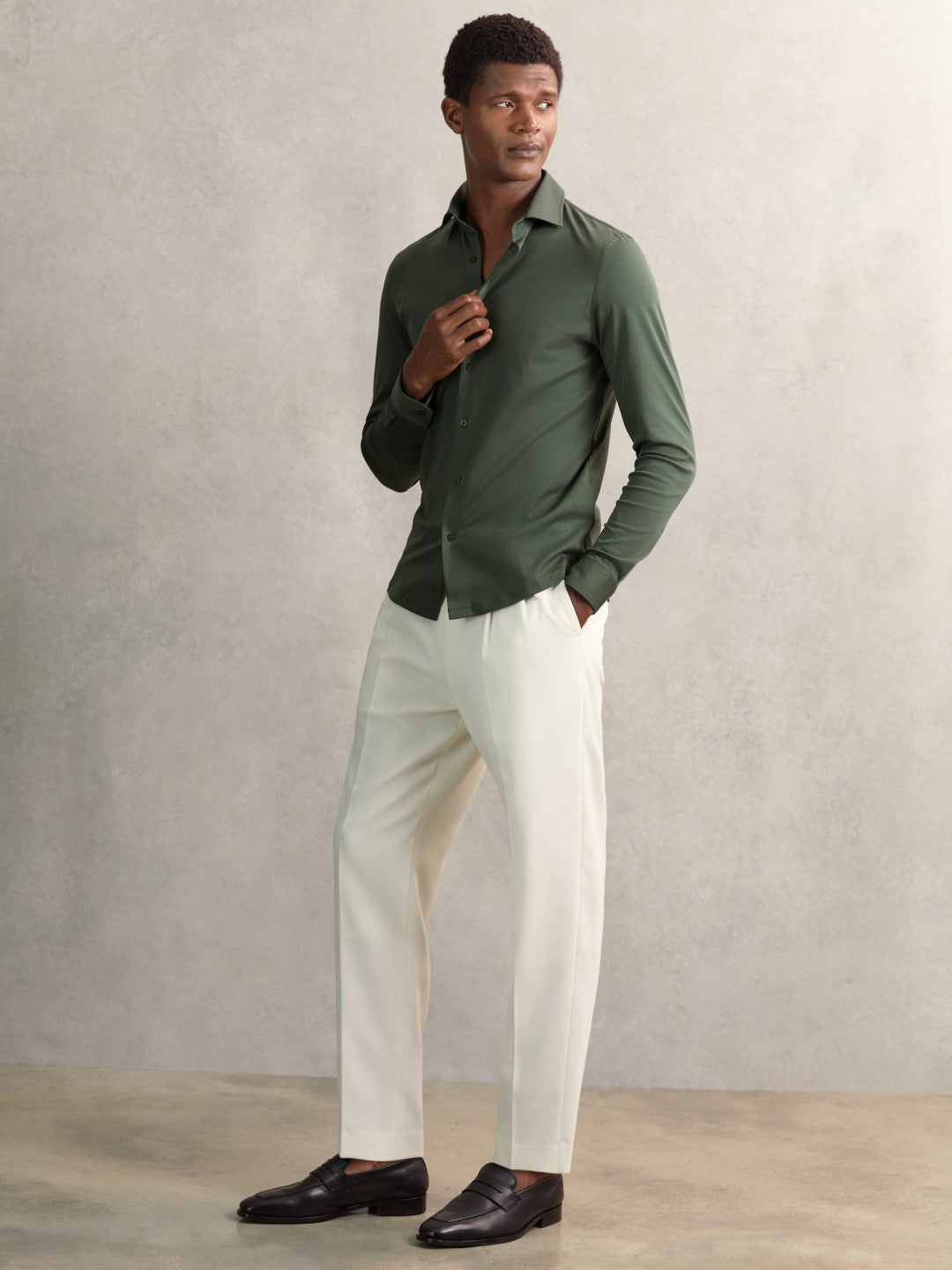 Cotton-Jersey Button-Through Shirt in Kale Green Men | Reiss