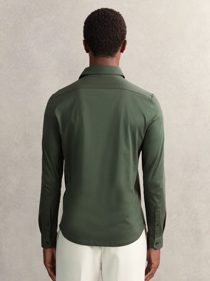 Cotton-Jersey Button-Through Shirt in Kale Green Men | Reiss