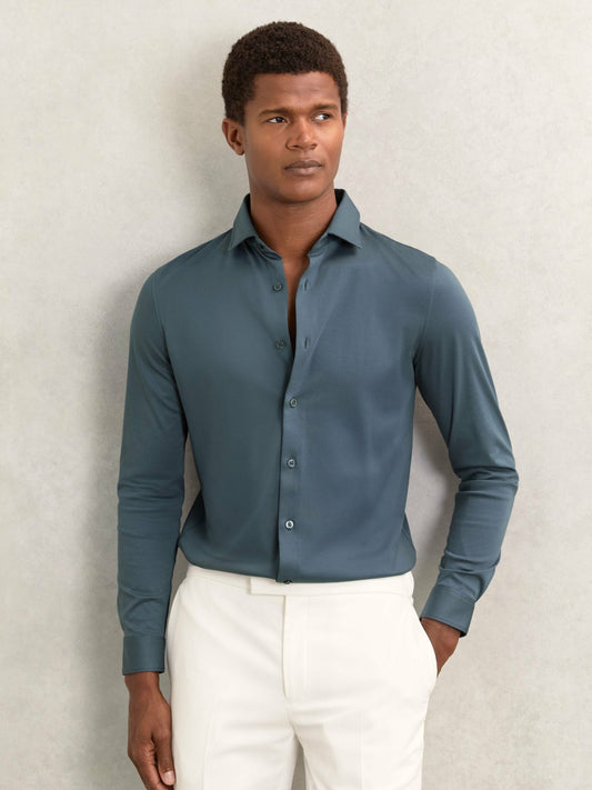 Cotton-Jersey Button-Through Shirt in Airforce Blue Men | Reiss