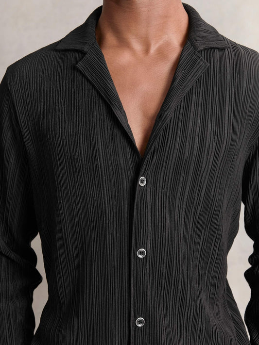 Plissé Cuban-Collar Long-Sleeve Shirt in Black Men | Reiss