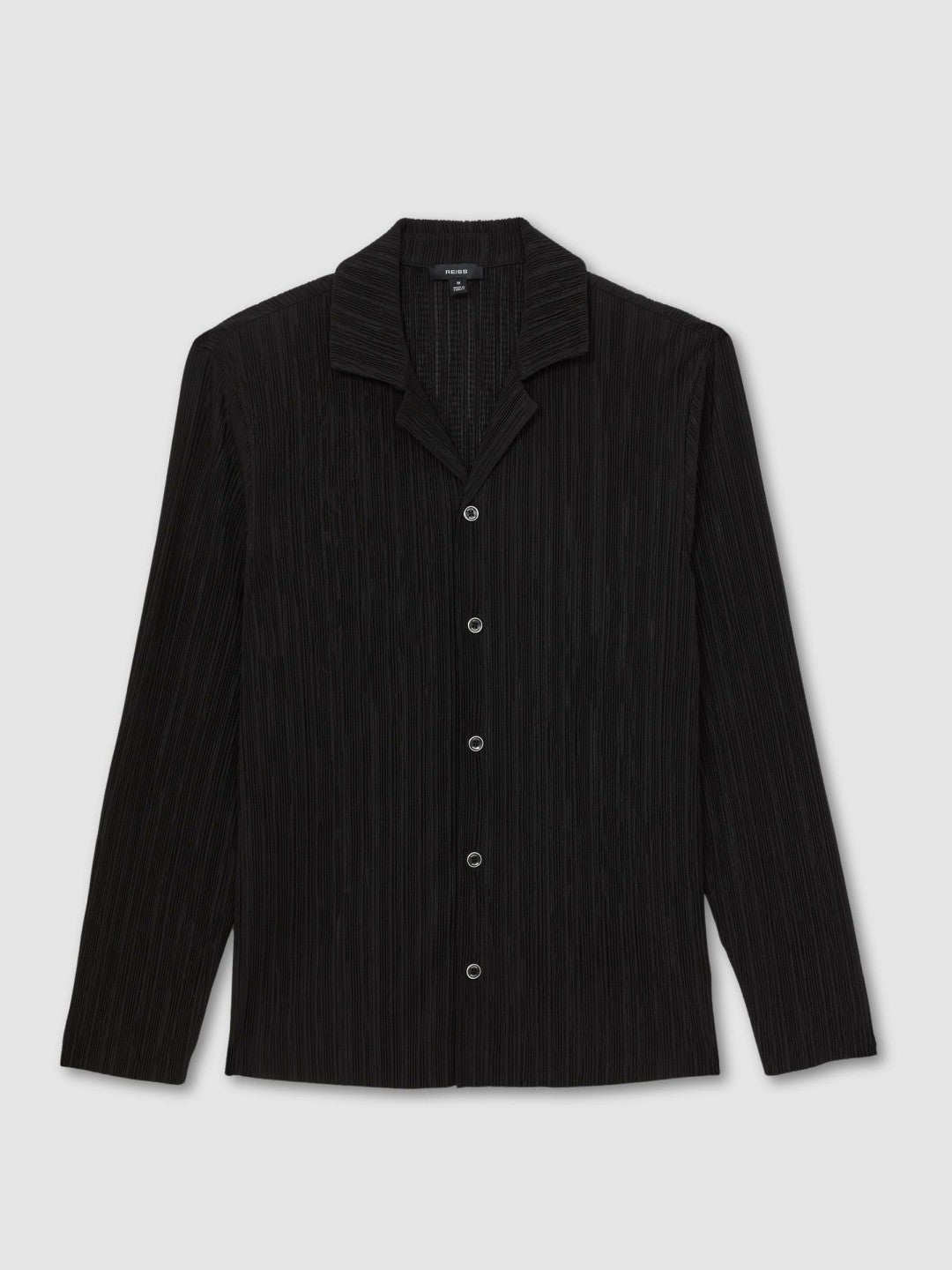 Plissé Cuban-Collar Long-Sleeve Shirt in Black Men | Reiss