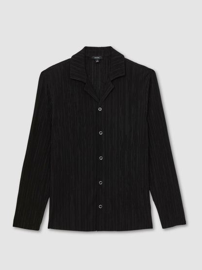 Plissé Cuban-Collar Long-Sleeve Shirt in Black Men | Reiss