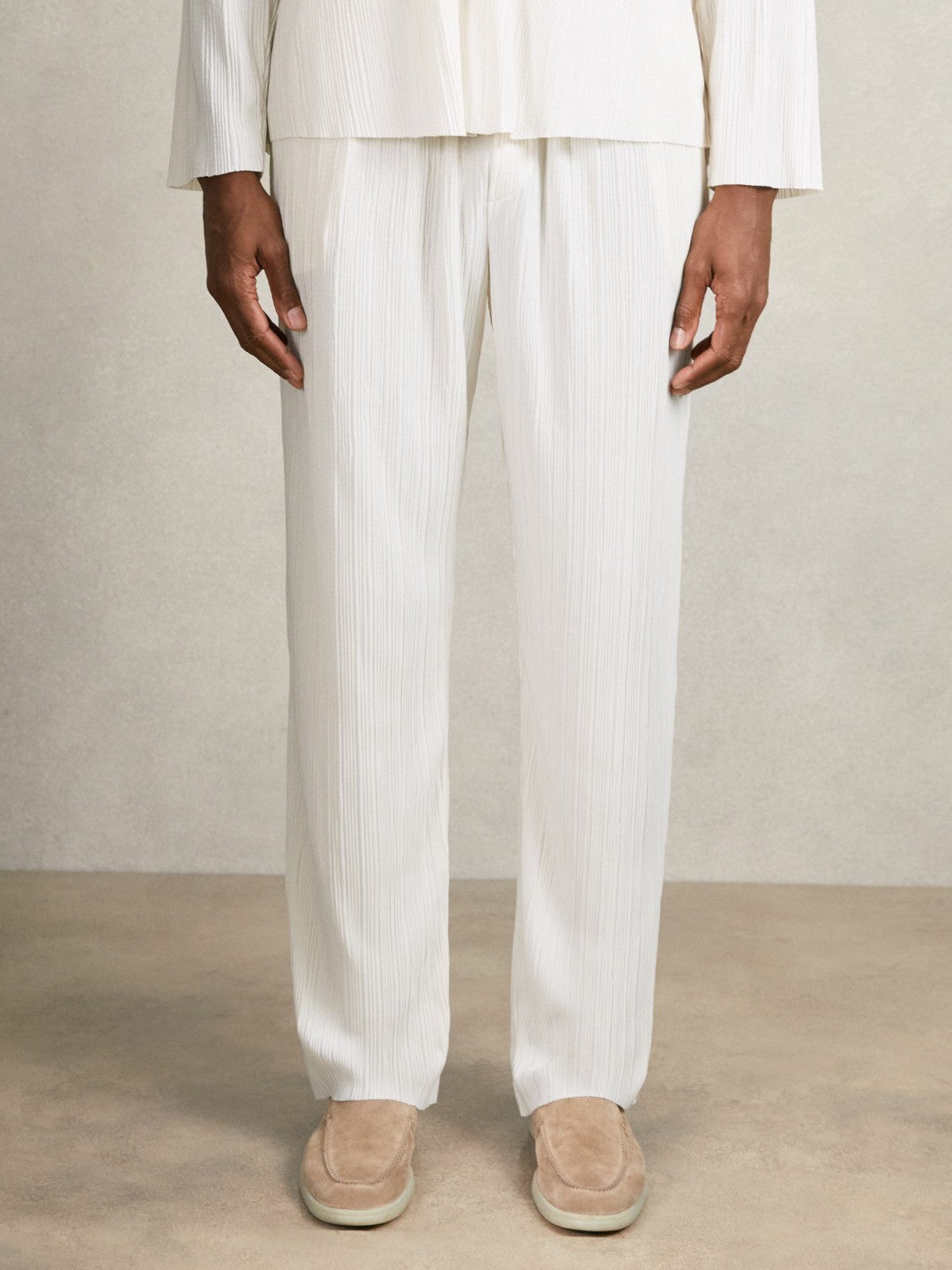 Plissé Wide Leg Trousers in Off White Men | Reiss