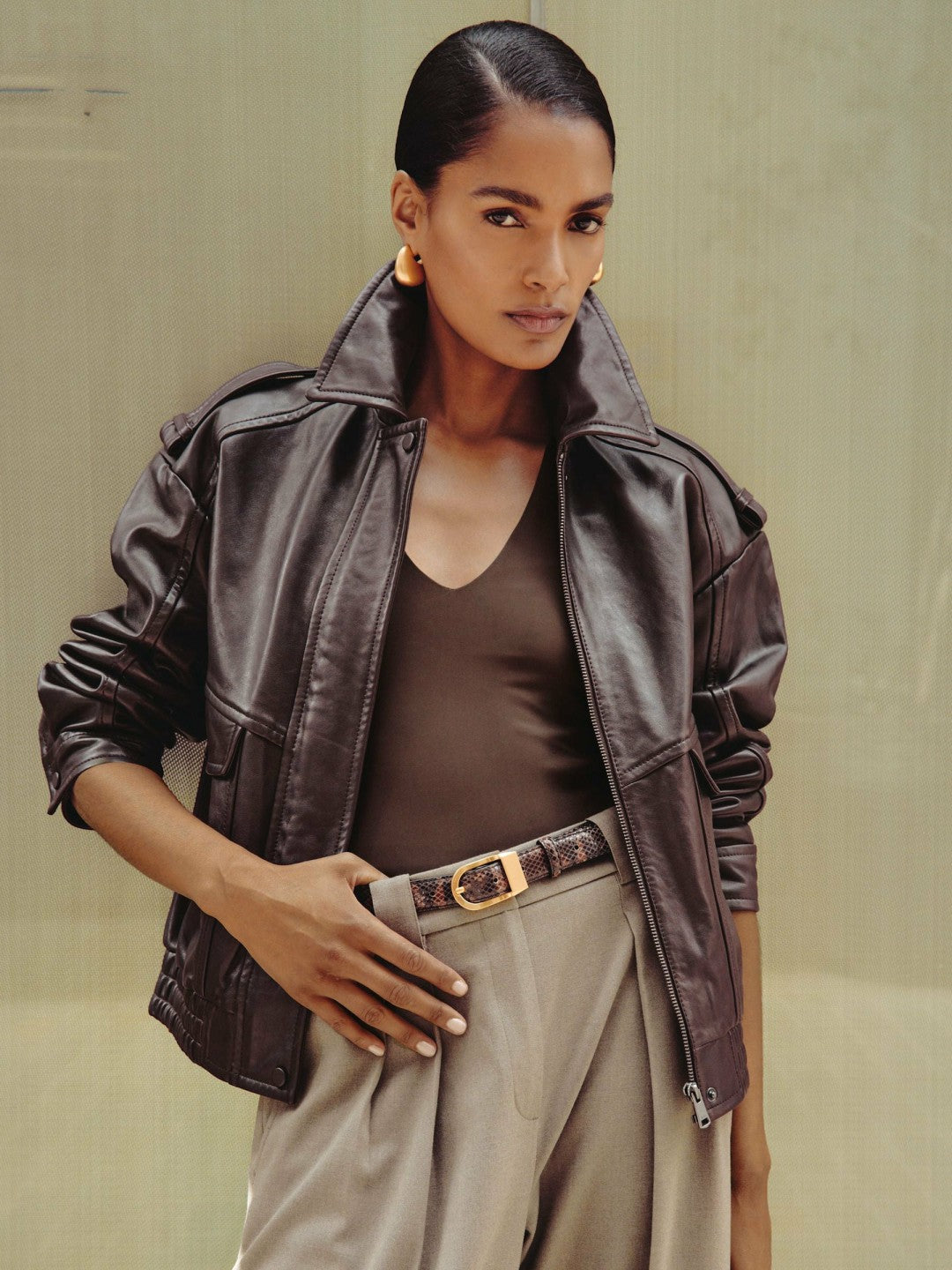 Oversized Leather Jacket in Aubergine Women | Reiss