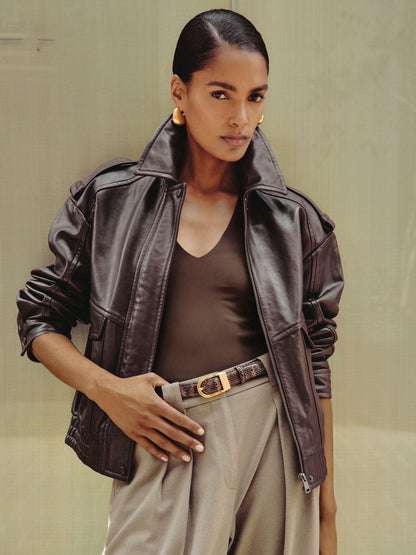 Oversized Leather Jacket in Aubergine Women | Reiss