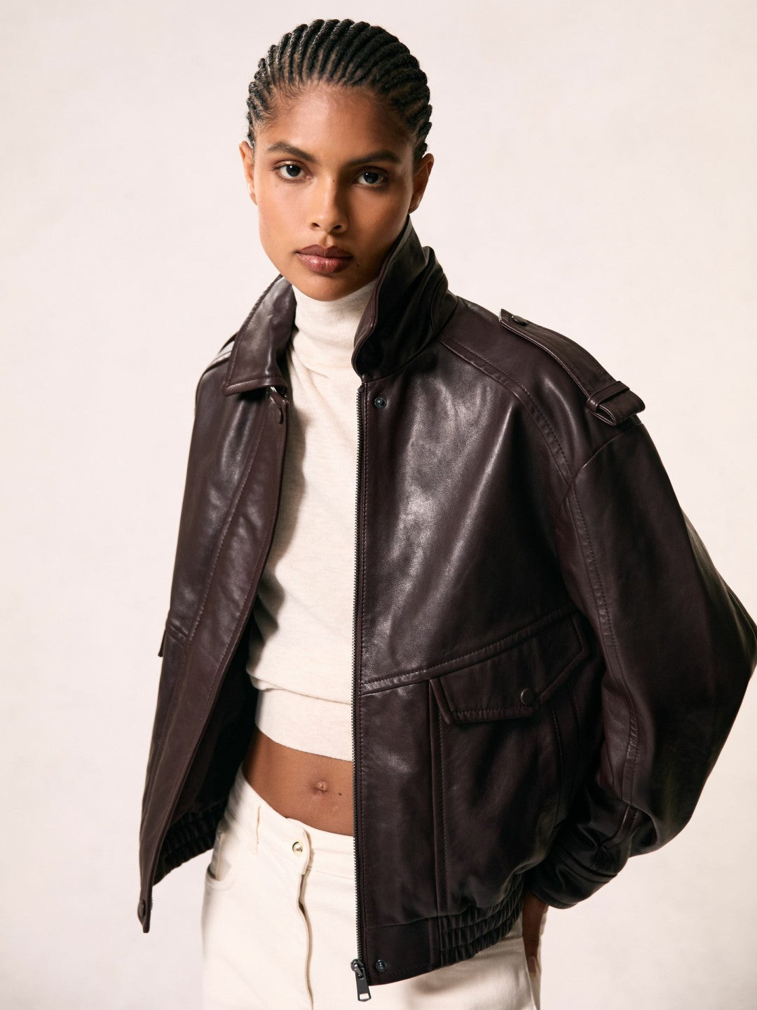 Oversized Leather Jacket in Aubergine Women | Reiss