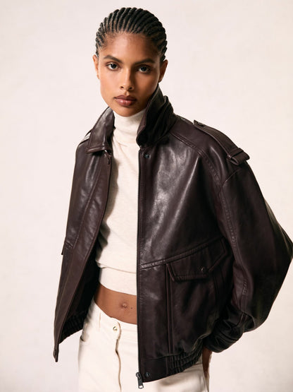 Oversized Leather Jacket in Aubergine Women | Reiss