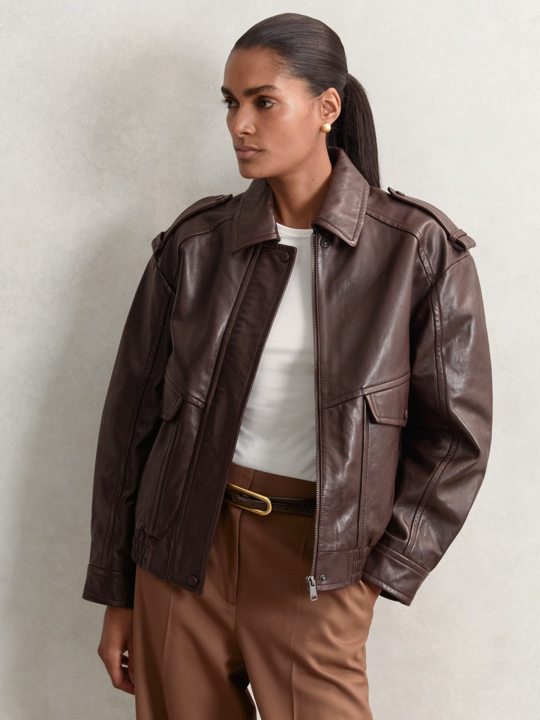 Oversized Leather Jacket in Aubergine Women | Reiss