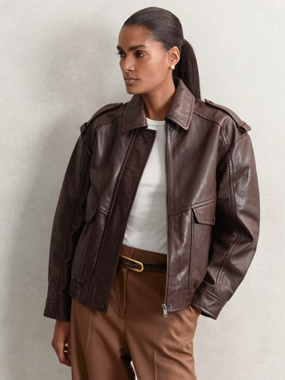 Oversized Leather Jacket in Aubergine Women | Reiss