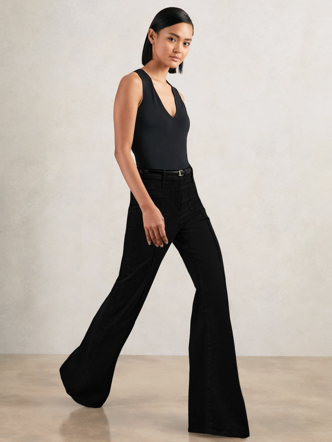 Petite Patch-Pocket Flared Jeans in Black Women | Reiss