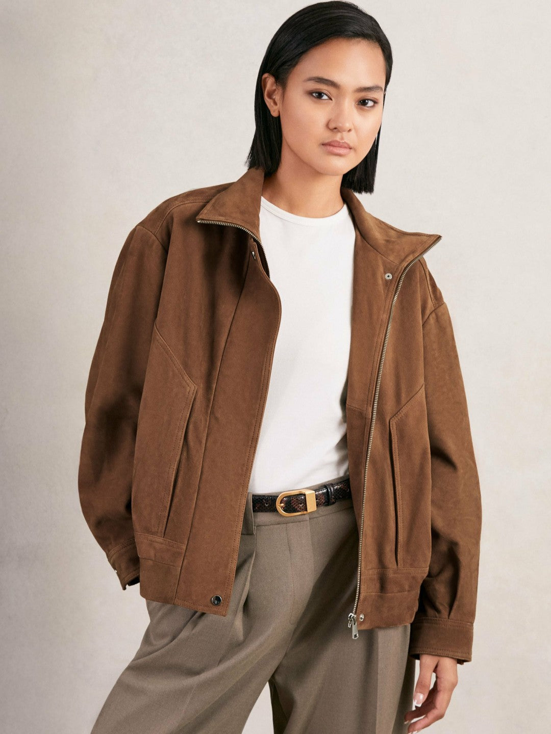 Suede Funnel-Neck Bomber Jacket in Tan Women | Reiss