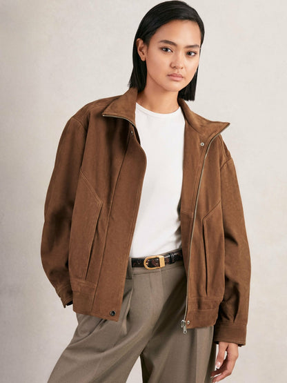 Suede Funnel-Neck Bomber Jacket in Tan Women | Reiss