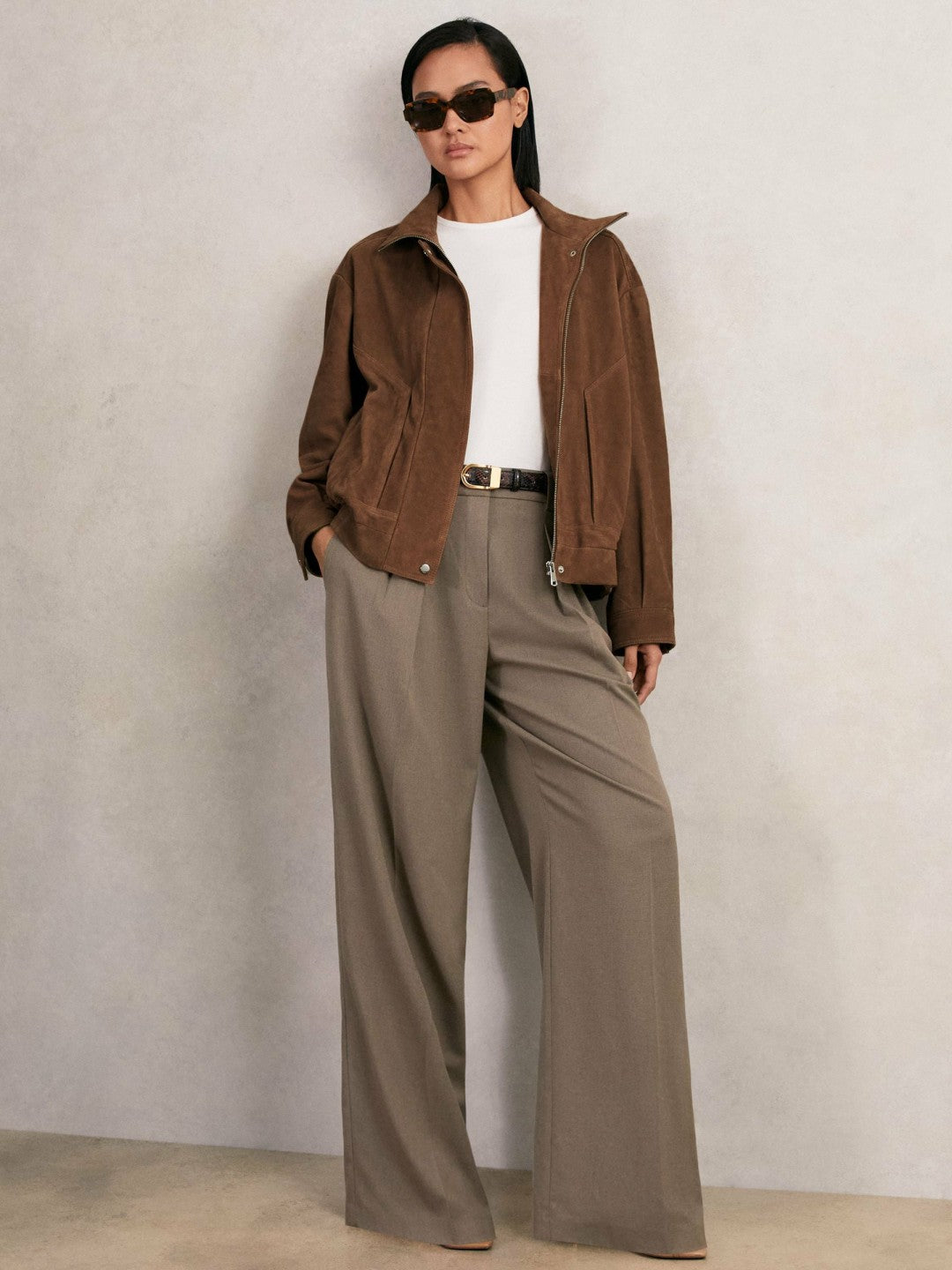 Suede Funnel-Neck Bomber Jacket in Tan Women | Reiss