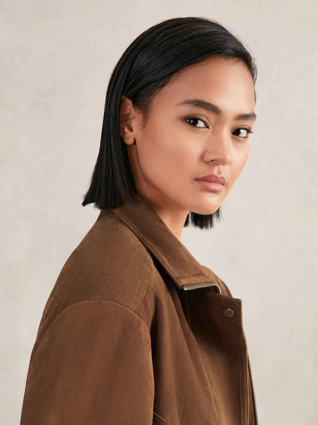 Suede Funnel-Neck Bomber Jacket in Tan Women | Reiss