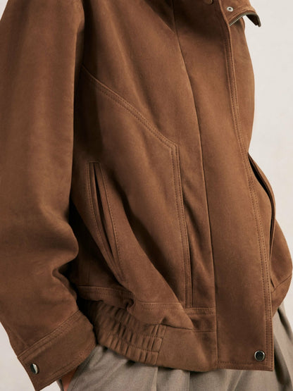 Suede Funnel-Neck Bomber Jacket in Tan Women | Reiss