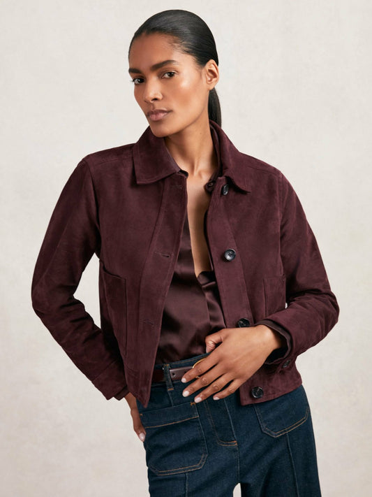 Suede Button Through Jacket in Burgundy Women | Reiss