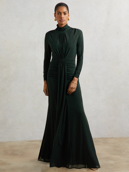 Petite Ruched Long-Sleeve Maxi Dress in Dark Green Women | Reiss