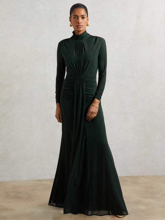 Petite Ruched Long-Sleeve Maxi Dress in Dark Green Women | Reiss