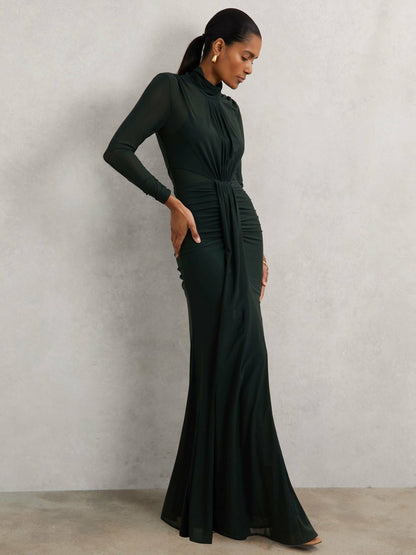 Petite Ruched Long-Sleeve Maxi Dress in Dark Green Women | Reiss