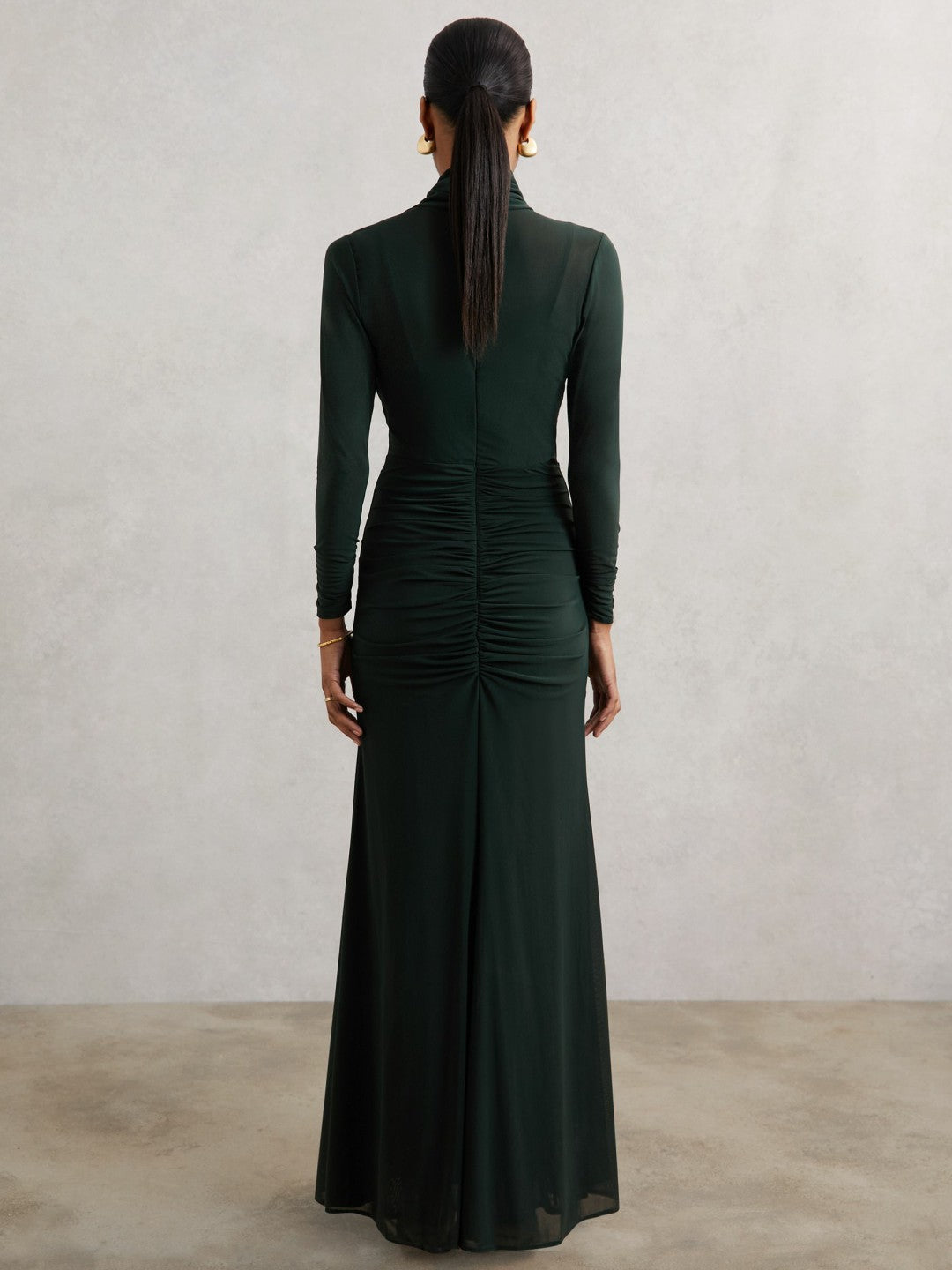 Petite Ruched Long-Sleeve Maxi Dress in Dark Green Women | Reiss