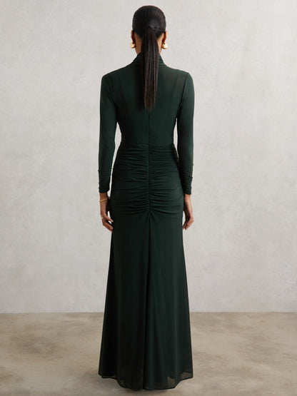 Petite Ruched Long-Sleeve Maxi Dress in Dark Green Women | Reiss