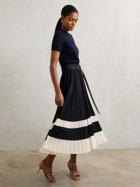 Belted Pleated Midi Skirt in Navy/Ivory Women | Reiss