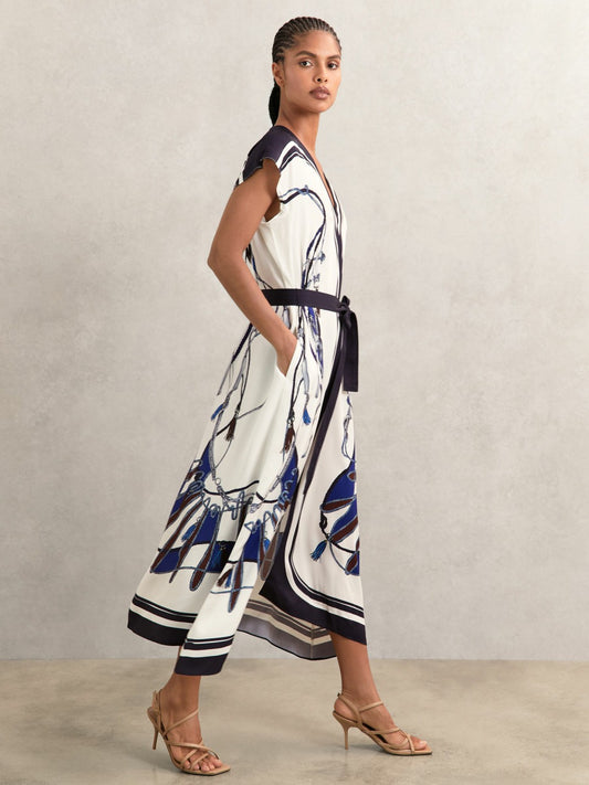 Scarf-Print V-Neck Belted Midi Dress in Blue/Brown Women | Reiss