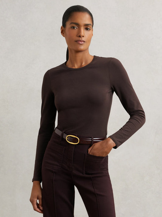 Cotton Crew-Neck Long-Sleeve T-Shirt With Stretch in Plum Purple Women | Reiss