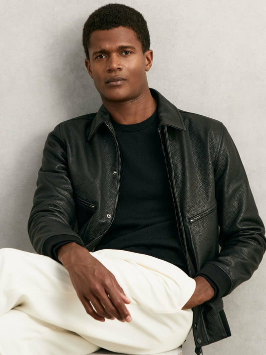 Grained Leather Zip Through Jacket in Black Men | Reiss